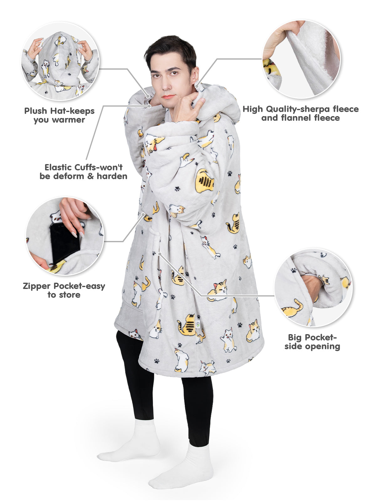 Cat Pattern Wearable Blanket Hoodie, Oversize Hoodie Blanket Wearable Sherpa Fleece Hooded Blanket, outlet Camping Boat Lounge